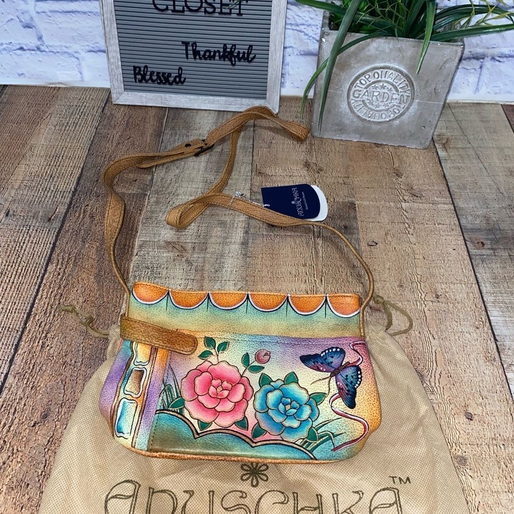 Anuschka hand painted shoulder bag 7047 roses butterfly